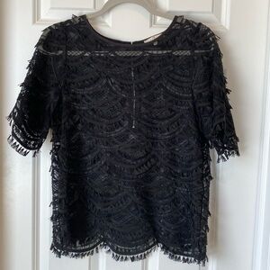 7 For All Mankind Scallop Lace Fringe Short Sleeve Top - Black -‎ Small
